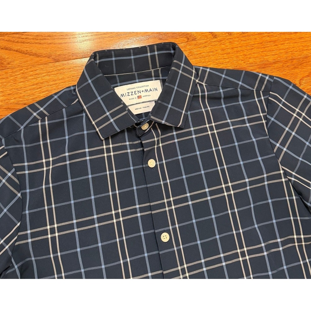 Mizzen+Main Leeward Button Down Shirt Mens Medium Trim Fit Blue Plaid Stretch